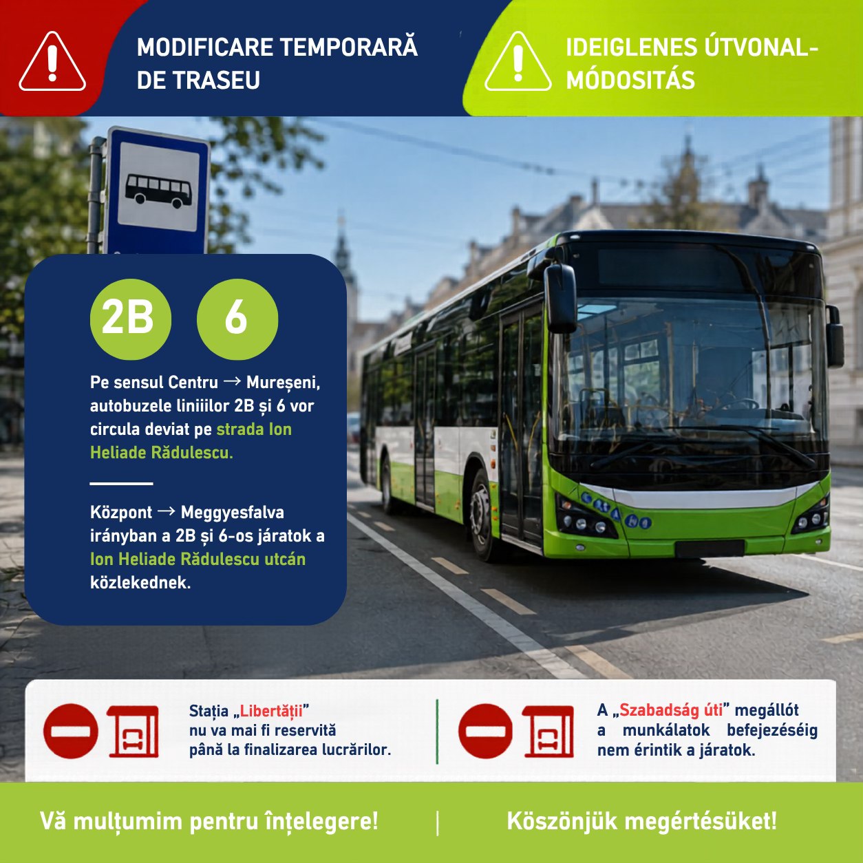 Ideiglenesen módosul a két busz útvonala Marosvásárhelyen